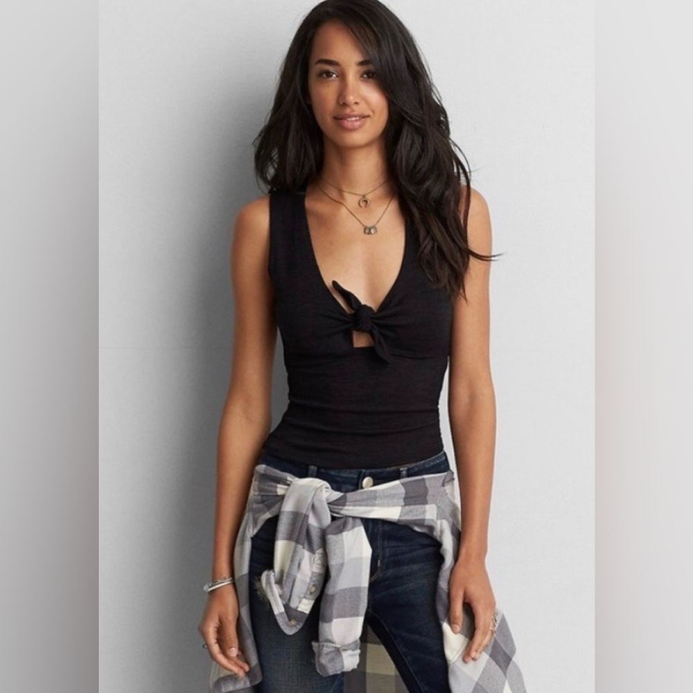 American Eagle Black Sleeveless Tie-Front Top